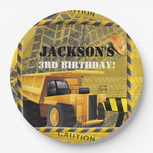 Construction Birthday track of tires Paper Plate (Front)