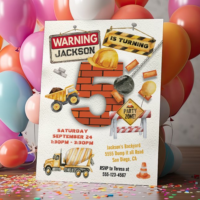 Construction Birthday Turning Five Wrecking Ball Invitation (Creator Uploaded)