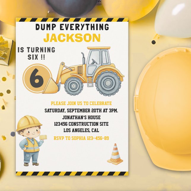 Construction Birthday Turning Six Boy Yellow Invitation (Creator Uploaded)