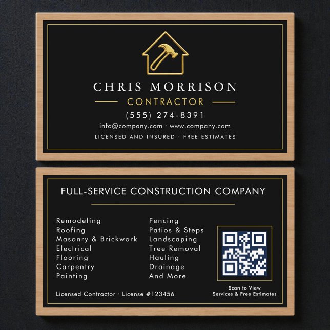 Construction Black Gold Metallic Wood QR Code Business Card (Creator Uploaded)