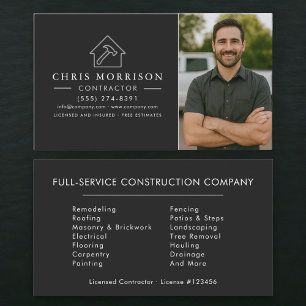 Construction Black Silver Photo Contractor Business Card