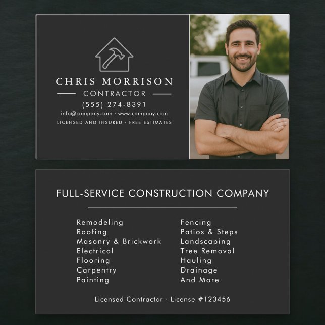 Construction Black Silver Photo Contractor Business Card (Creator Uploaded)