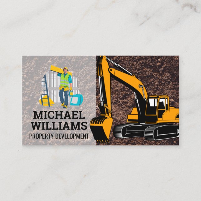 Construction Blue Collar | Earth Mover Vehicle Business Card (Front)