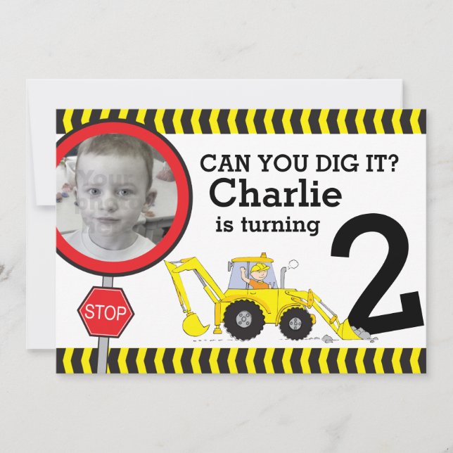 Construction boys 2nd birthday party invitation (Front)