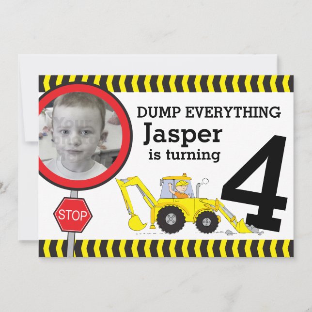 Construction boys 4th birthday party invitation (Front)