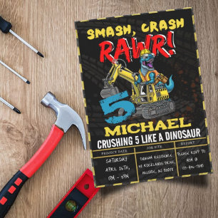 Construction Boys Birthday T Rex Dinosaur Party Invitation