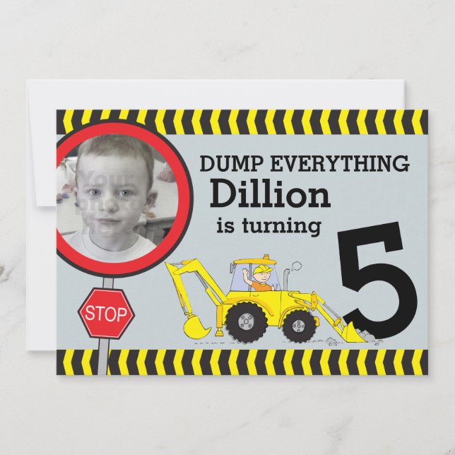 Construction building boys birthday party invite (Front)