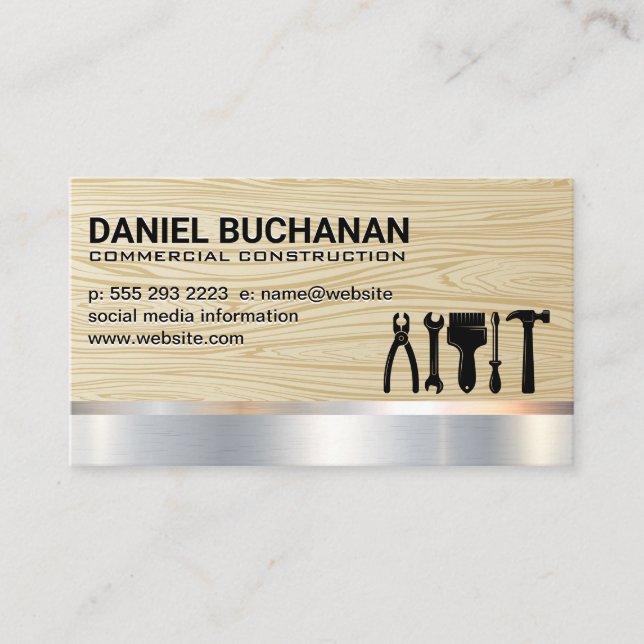 Construction Building Tools | Wood | Metal Business Card (Front)