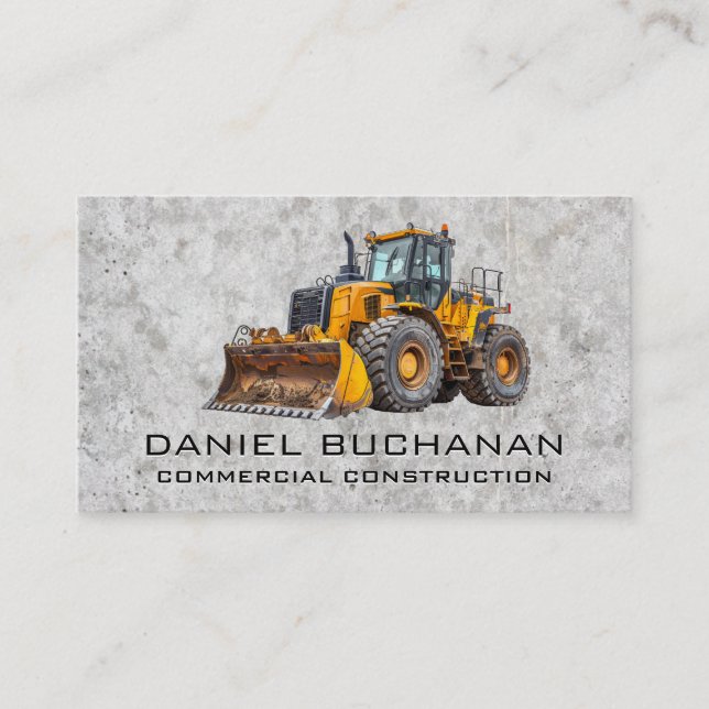 Construction Bull Dozer | Concrete Background Business Card (Front)