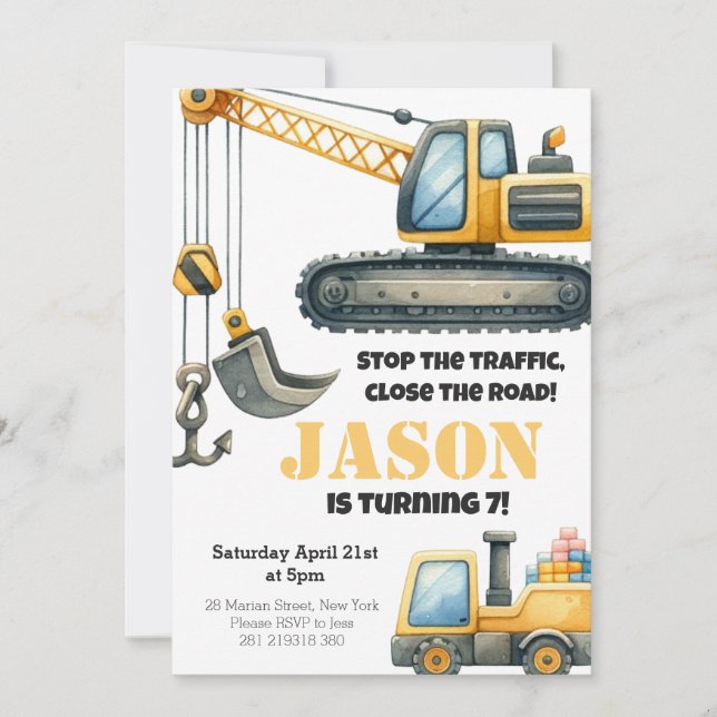 Construction Bulldozer  Kids Birthday Party Invitation (Front)