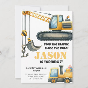 Construction Bulldozer Kids Birthday Party Invitation