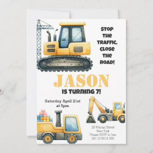 Construction Bulldozer Kids Birthday Party Invitation