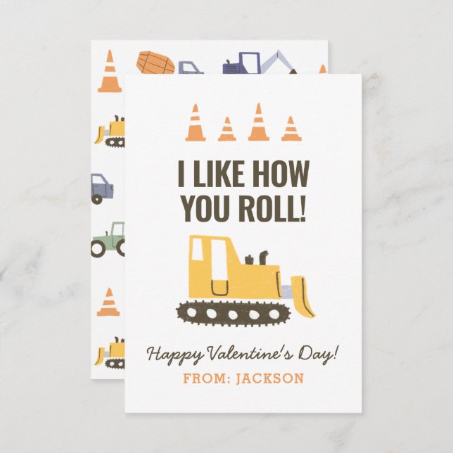 Construction Bulldozer Kids Classroom Valentine Card (Front/Back)