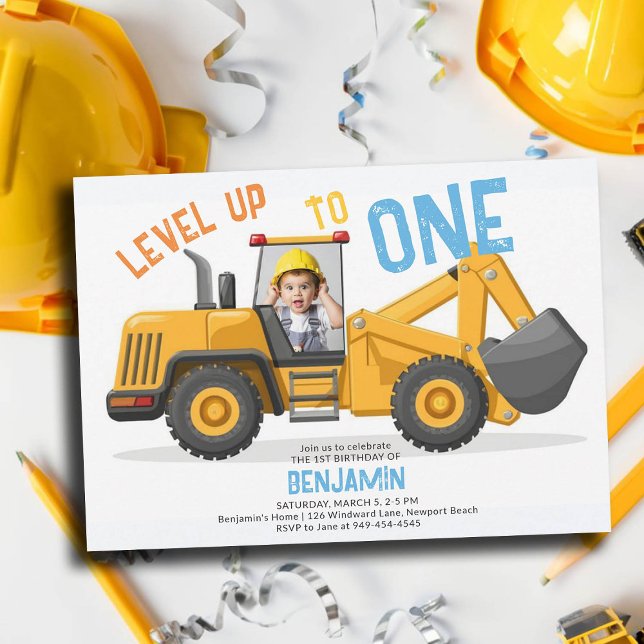 Construction Bulldozer Level Up Photo 1st Birthday Invitation (photo construction invitation 1st birthday first boys bulldozer vehicle theme personalized)
