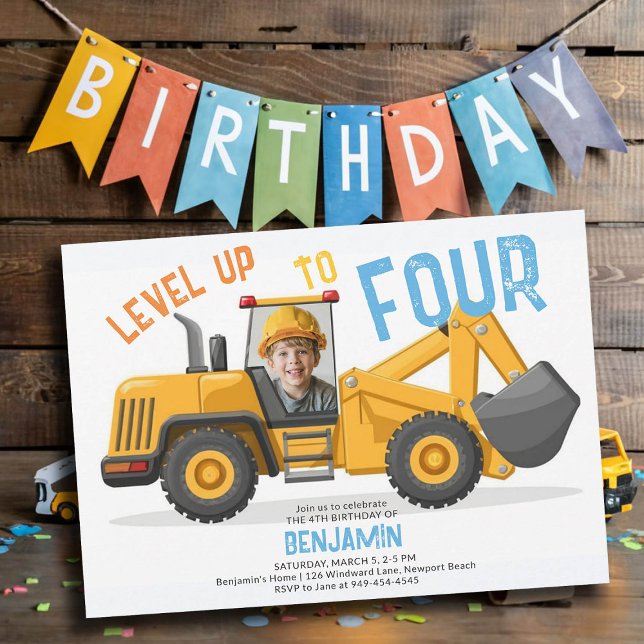 Construction Bulldozer Level Up Photo 4th Birthday Invitation (photo construction invitation 4th birthday four fourth boys bulldozer vehicle theme personalized)