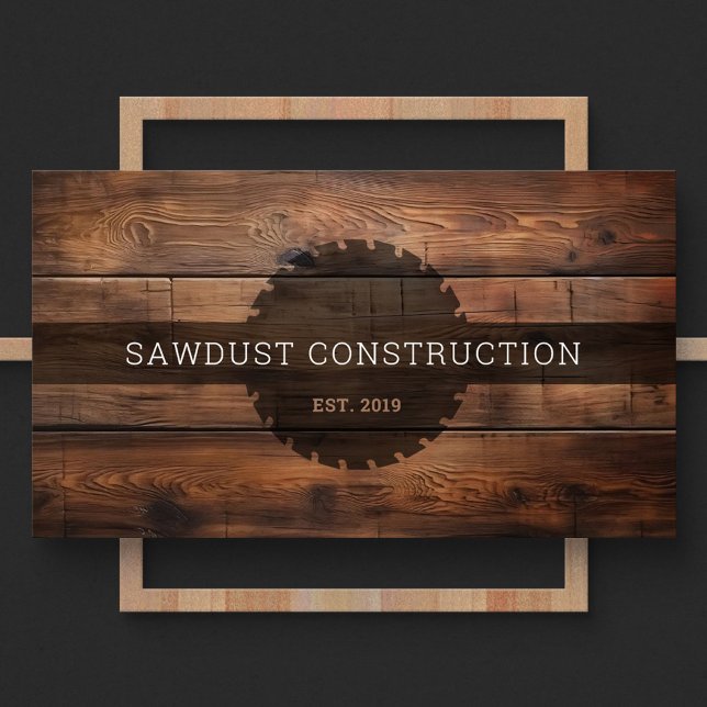 Construction Carpenter Wooden dark rustic timber  Business Card (Front of a construction business card featuring dark rustic wooden timber and a round saw silhouette)