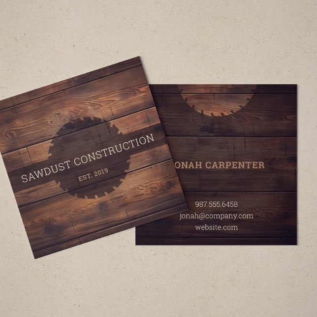 Construction Carpenter Wooden dark rustic timber  Square Business Card (Dark wood timber square business cards with saw design for construction, builders and carpenters.)