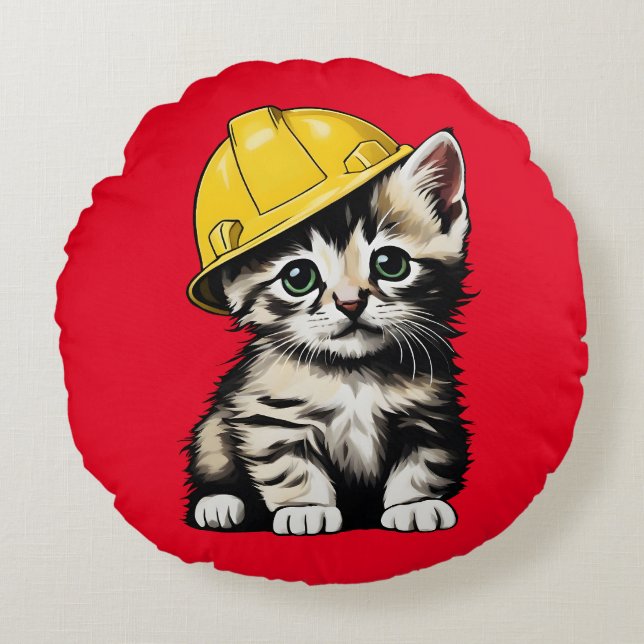 Construction Cat Round Cushion (Front)