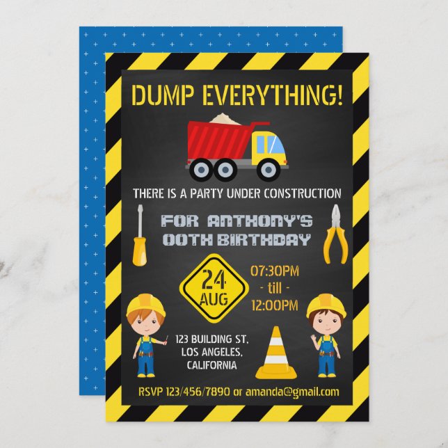 Construction Chalkboard Birthday Party any age Invitation (Front/Back)