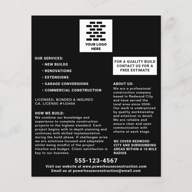 Construction Company Add Your Logo Black Flyer (Front)