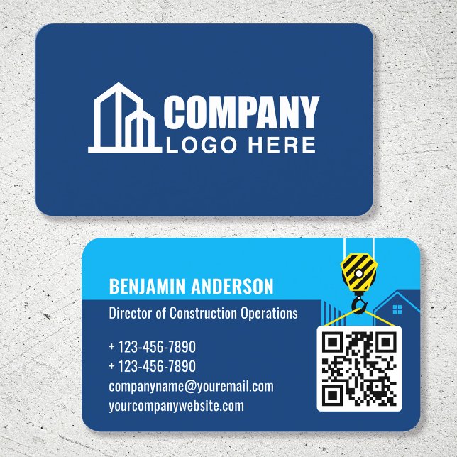 Construction Company Logo QR Code Navy Blue Business Card (Creator Uploaded)