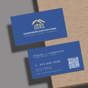 Construction company modern royal blue gold QR Business Card