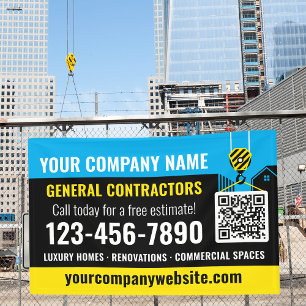 Construction Company QR Code Blue Promotional Banner
