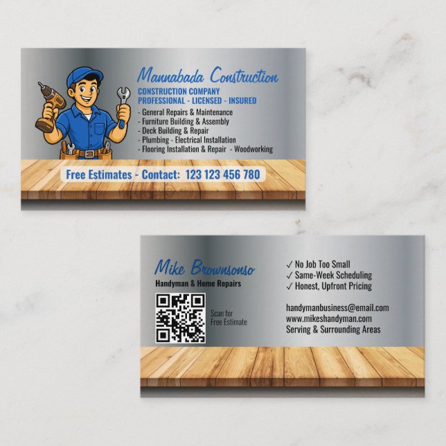 Construction Company Tool man CARTOON Business Card (Front/Back)