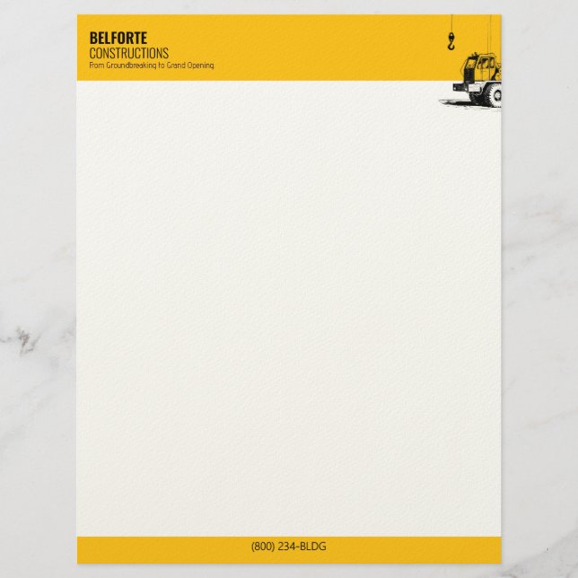 Construction Company Yellow & Black Crane Custom Letterhead (Front)