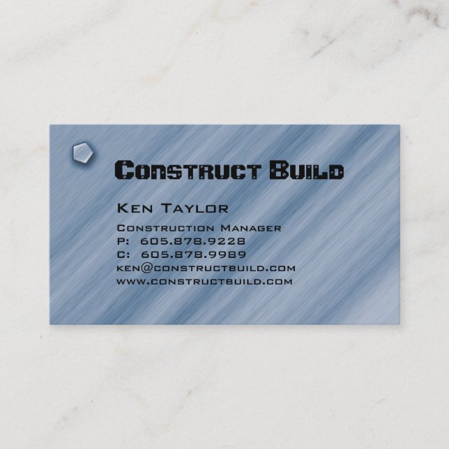 Construction Contractor Business Card Metal Blue (Front)