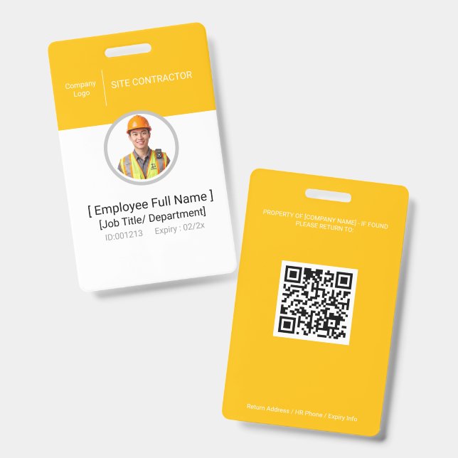 Construction Contractor Photo ID Badge Site Safety (Front & Back)