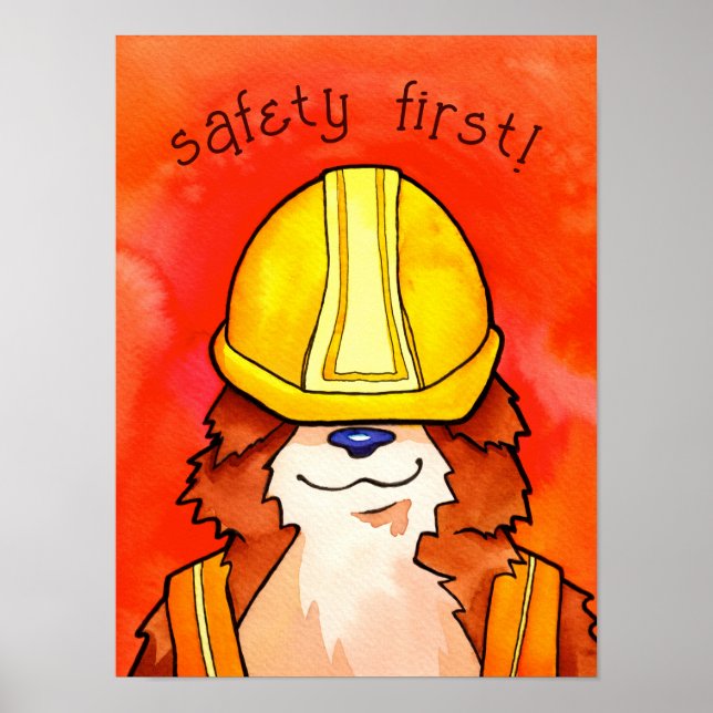 Construction Corgi Watercolor - Safety First! Poster (Front)