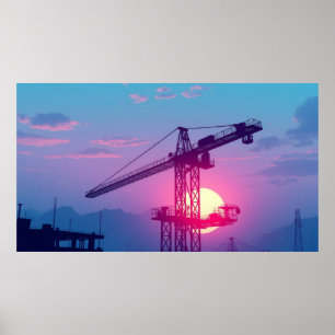 Construction crane at sundawn poster