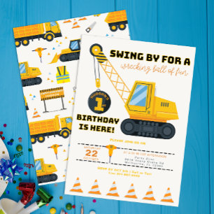 Construction Crane Birthday Party  Invitation