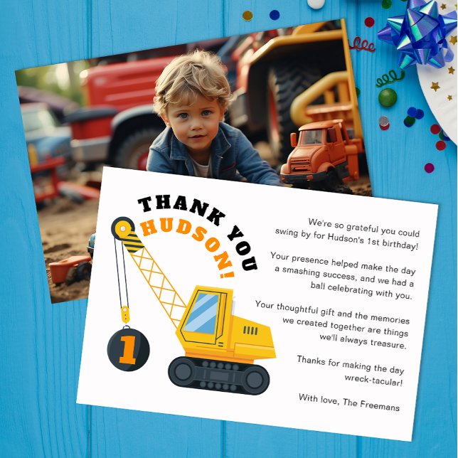 Construction Crane Birthday Thank You Card  (Cute Photo Thank You Card)