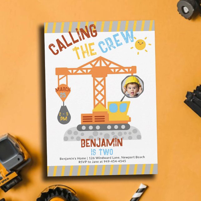 Construction Crane Crew Boy 2nd Birthday Photo Invitation (photo construction birthday invitation 2 second boys crane vehicle crew theme personalized cute fun)