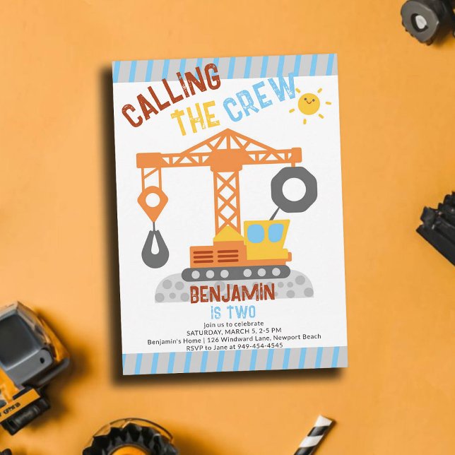 Construction Crane Crew Cute Boy 2nd Birthday Invitation (construction birthday party 2 second boys crane vehicle crew theme invitation template personalized)