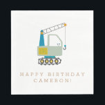 Construction Crane Custom Birthday Design Kids  Napkin<br><div class="desc">Celebrate in style with this Construction Theme Happy Birthday Cranes design,  perfect for a little builder's big day. Featuring a charming crane illustration and personalised with your child’s name,  this product adds a fun and unique touch to any construction-themed birthday celebration.</div>