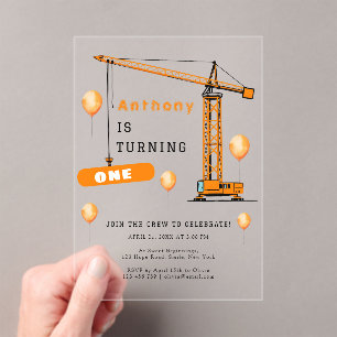 Construction Crane Kids & Adults Birthday Acrylic Invitations
