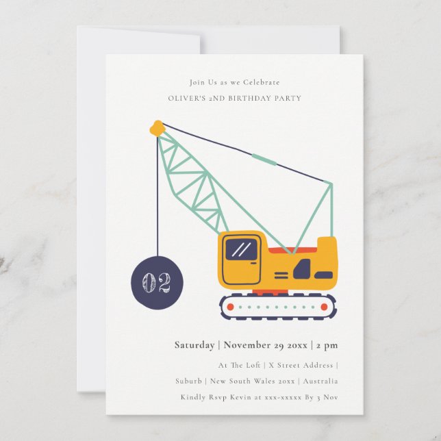 Construction Crane Vehicle Any Age Birthday Invite (Front)