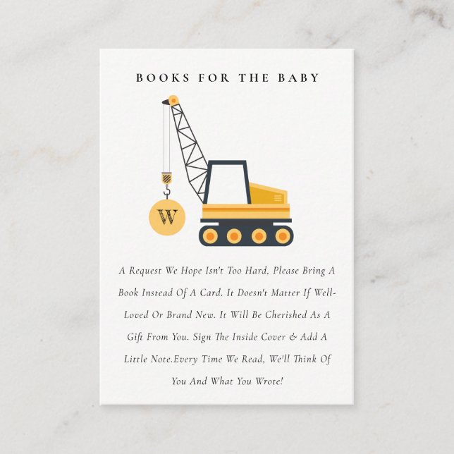 Construction Crane Vehicle Books For Baby Shower Enclosure Card (Front)