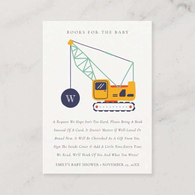 Construction Crane Vehicle Books For Baby Shower Enclosure Card (Front)
