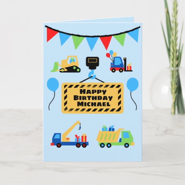 Construction Crew Cute Personalised Kids Birthday Card (Front)