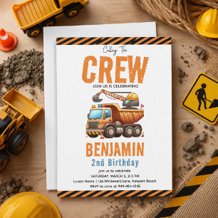 Construction Crew Dump Truck Boy 2nd Birthday Invitation