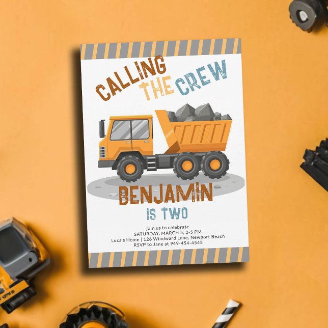 Construction Crew Dump Truck Boy 2nd Birthday Invitation (construction birthday party 2 second boys dump truck urban crew theme invitation template custom)