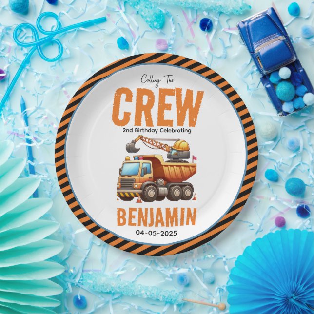 Construction Crew Dump Truck Boy 2nd Birthday Paper Plate (Party)