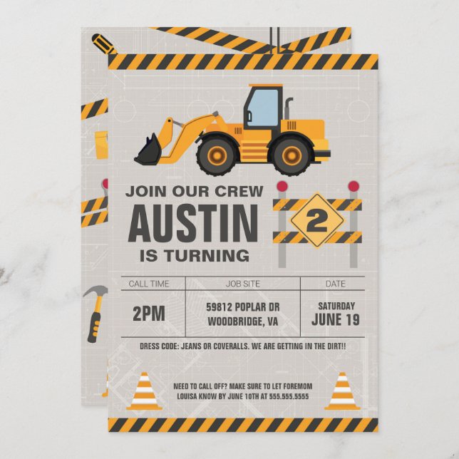 Construction Crew Kids Birthday Party Invitation (Front/Back)