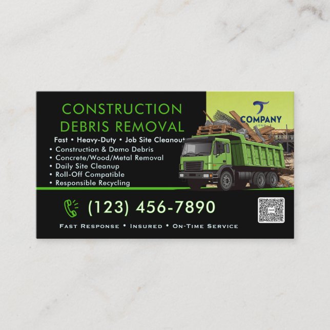 Construction Debris Removal Business Card - Job  (Front)