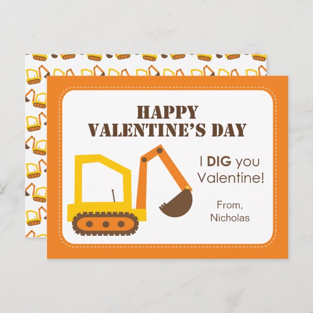 Construction Digger Classroom Valentines Holiday Postcard (Front/Back)