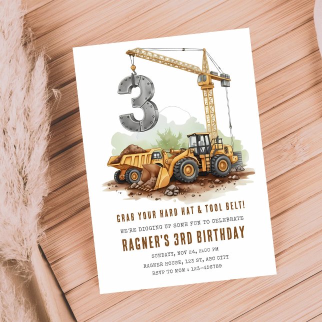 Construction Digger Dump Truck 3rd Birthday Invitation (Creator Uploaded)